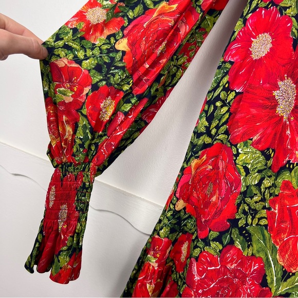 The Vampire’s Wife Hypnosis Floral Rose Silk Puff Shoulder Midi Dress - Picture 5 of 11